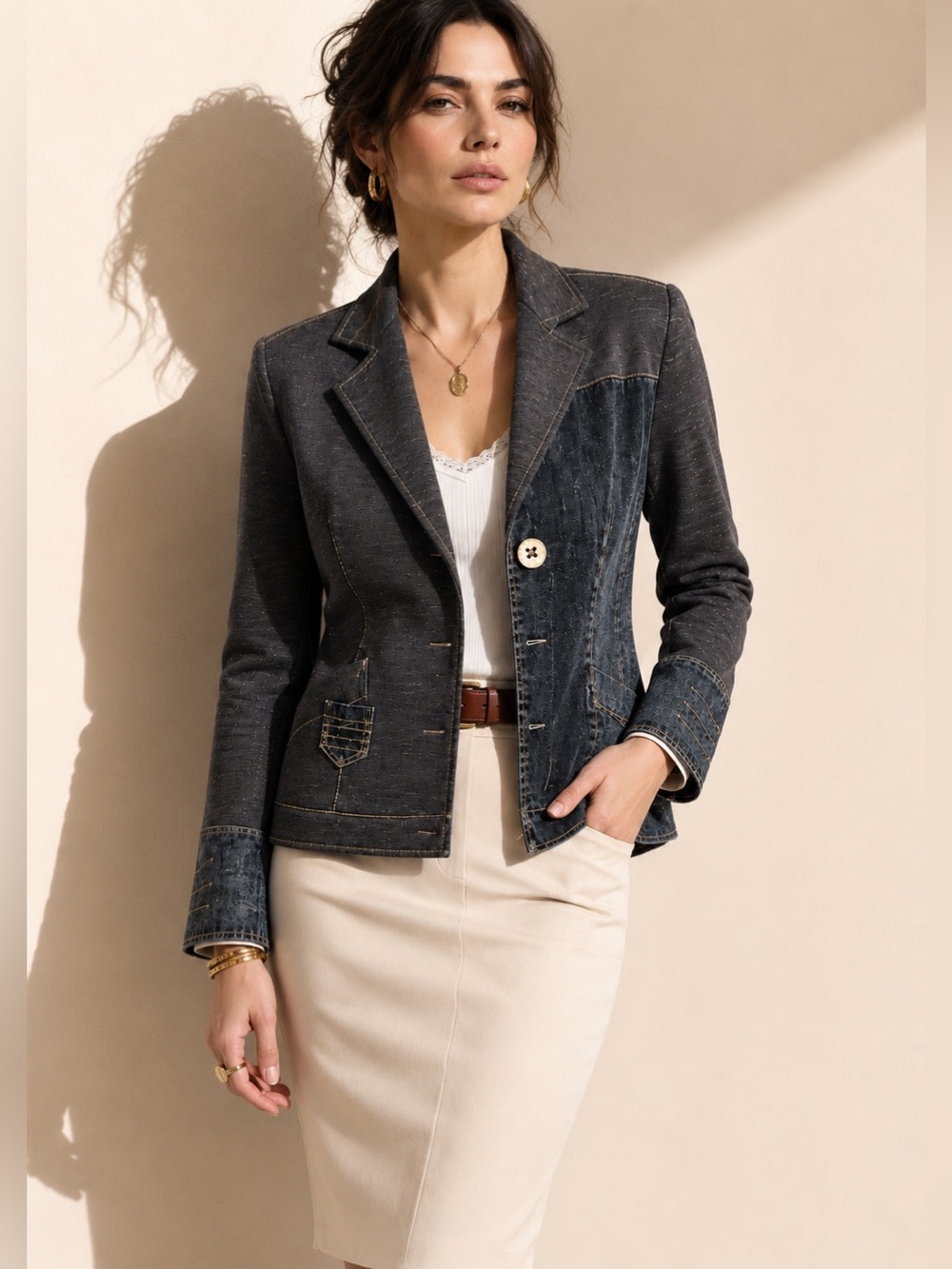 Elisa Cavaletti Klymta Jersey Knit + Denim Blazer Patchwork Asymmetrical Sz M - Picture 2 of 16